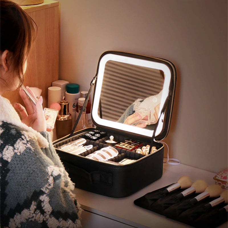 Cosmetic Bag with LED Light & Full-Screen Mirror